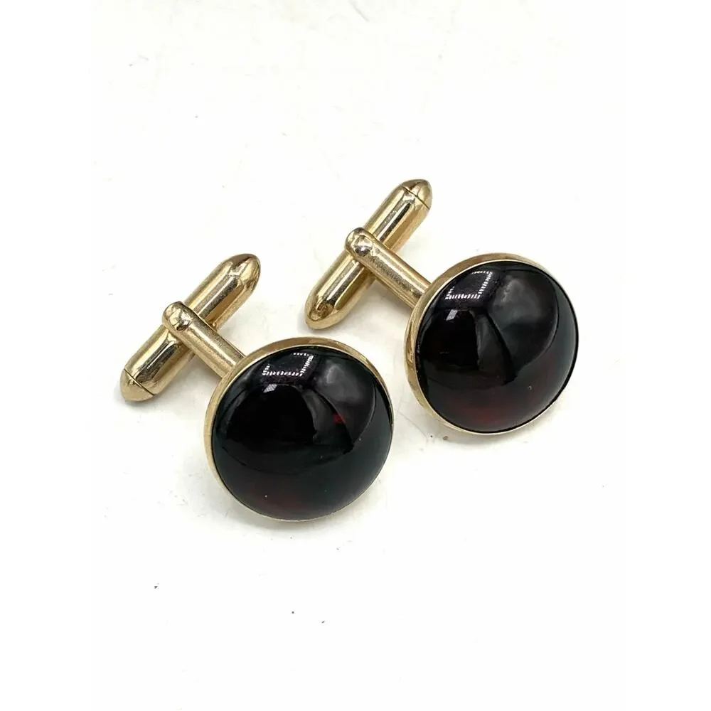 Vintage Swank Cuff Links Dark Garnet Red Round Cabochon Gold Tone Bullet Back